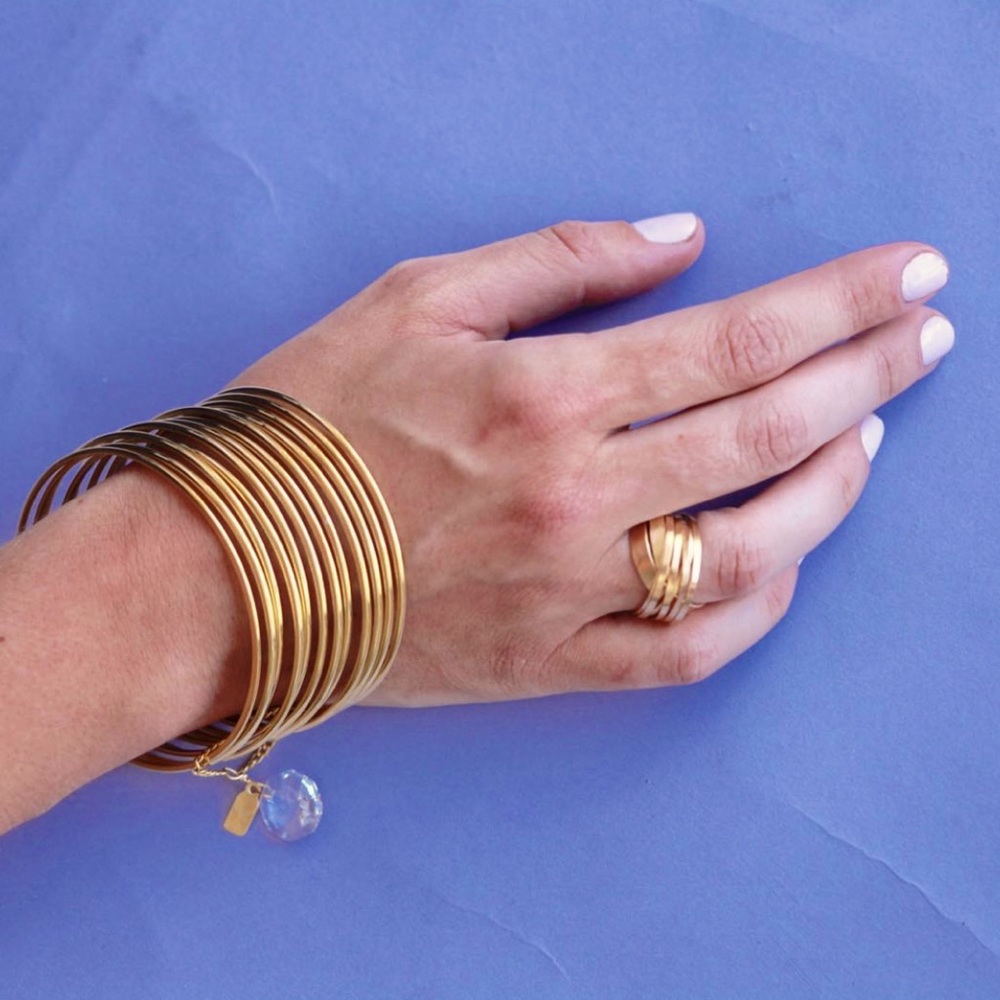 Set of 12 Chic Bangles 14kt gold plated with crystal hanging charm